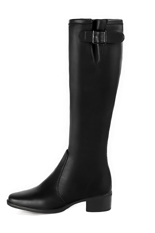 Satin black women's knee-high boots with buckles. Round toe. Low leather soles. Made to measure. Profile view - Florence KOOIJMAN